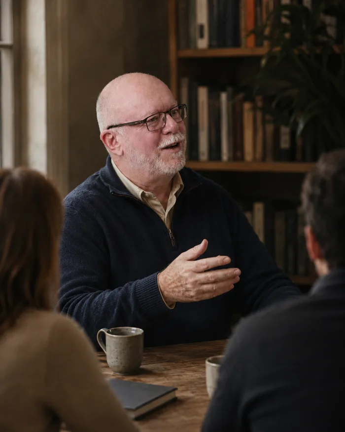 Franz Kohler in a leadership conversation, warm window light