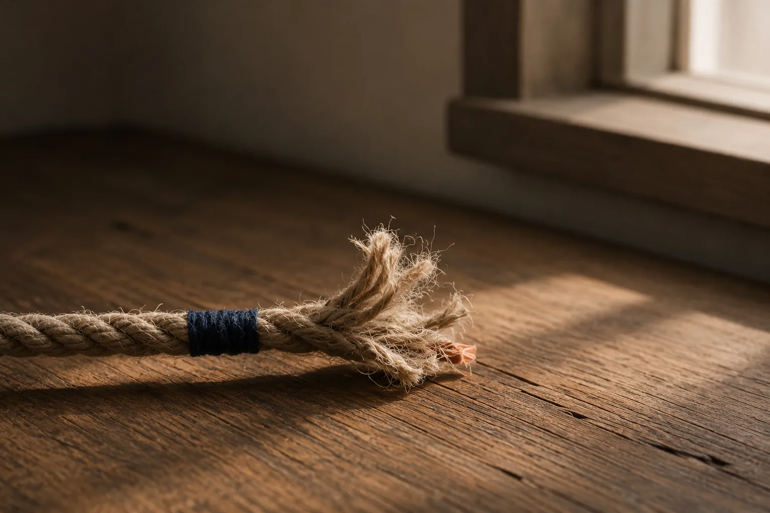 A length of rope pulled taut and fraying at one end, on a wooden table
