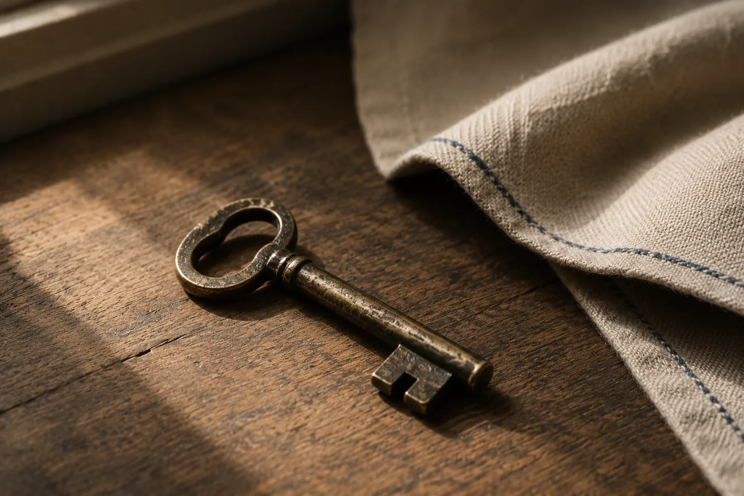 An old brass key on a wooden table beside folded linen
