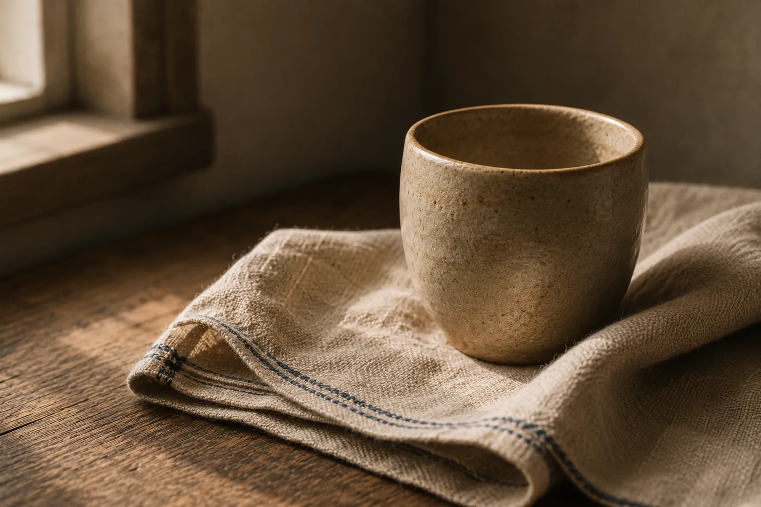 A stoneware cup resting on folded linen in window light
