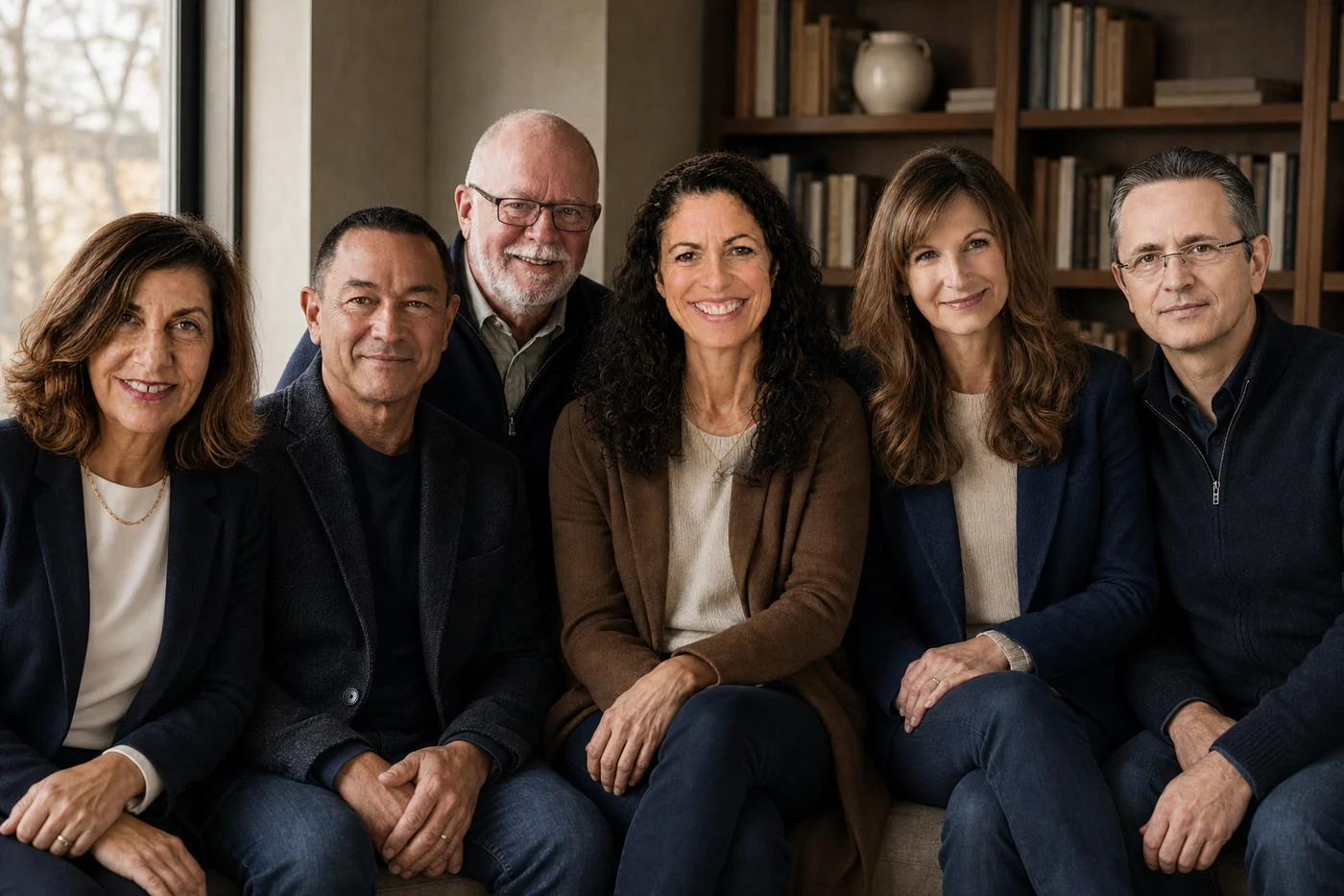 The Built4More team — Özlem, Philippe, Franz, Sandra, Barbara and Karsten, together in a warm, sunlit room