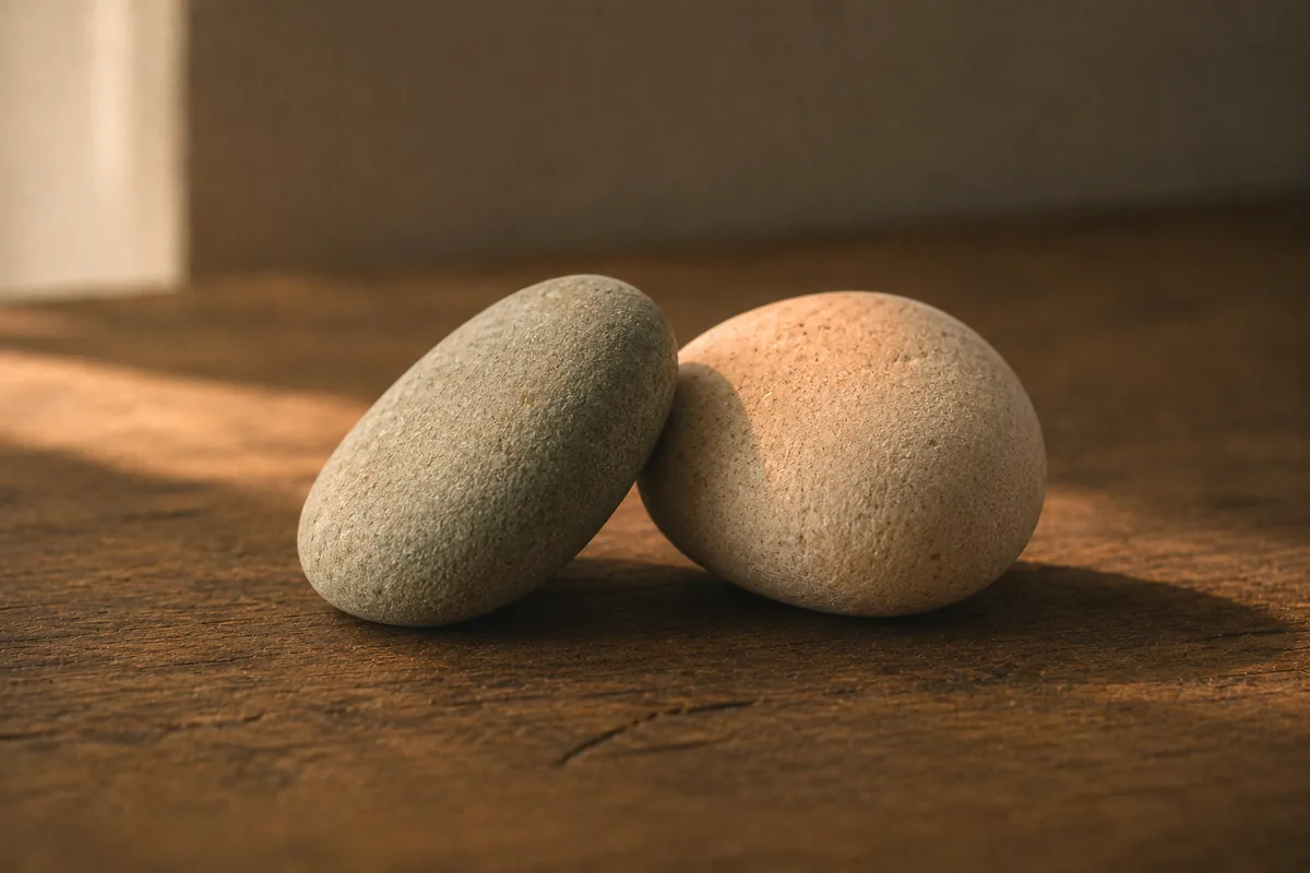Two stones leaning against each other on a wooden surface