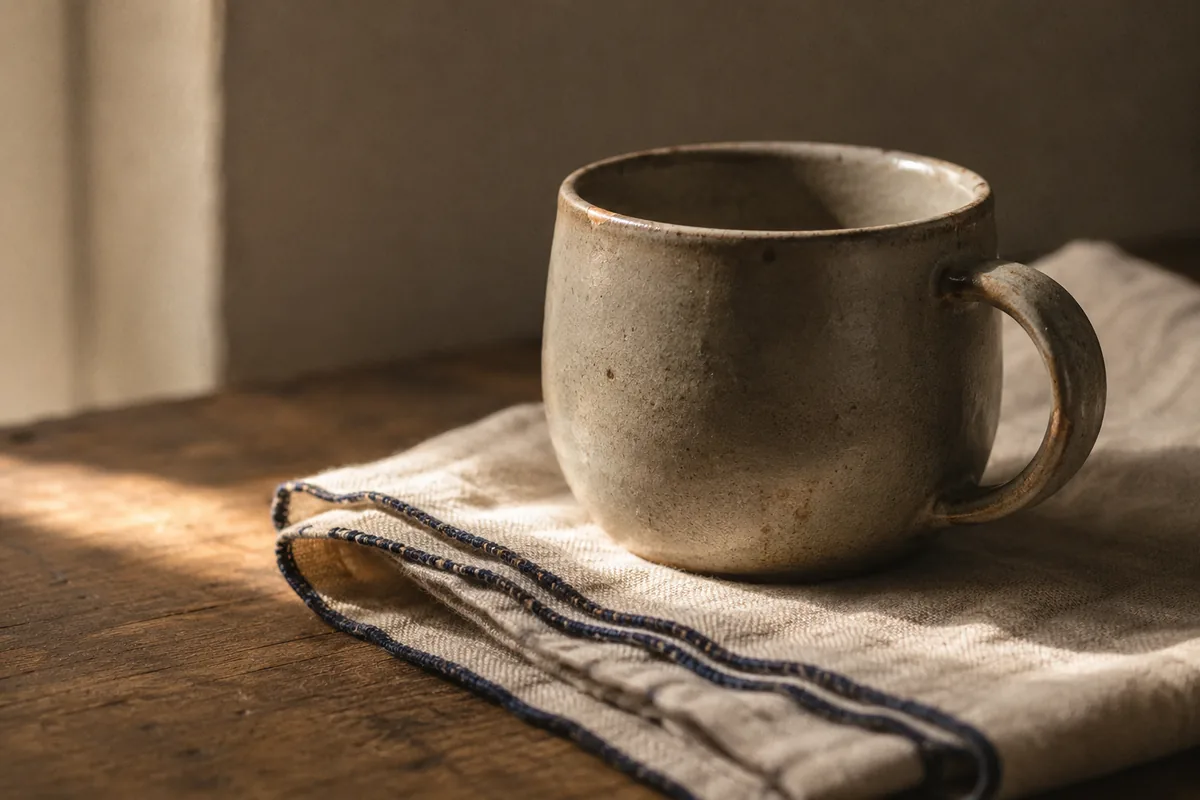 A stoneware cup on a folded linen napkin