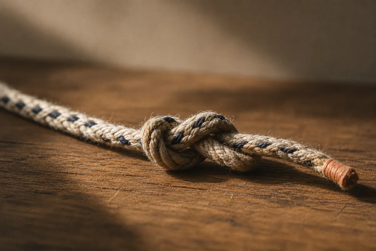 A knot tied in a length of rope on a wooden table