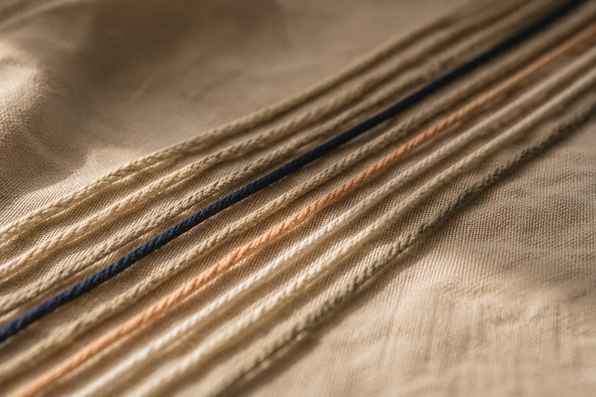 Cords laid in parallel lines across a linen cloth