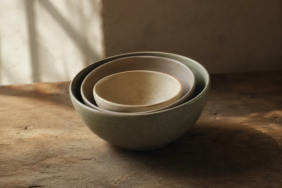 Three ceramic bowls nested inside one another on a wooden table