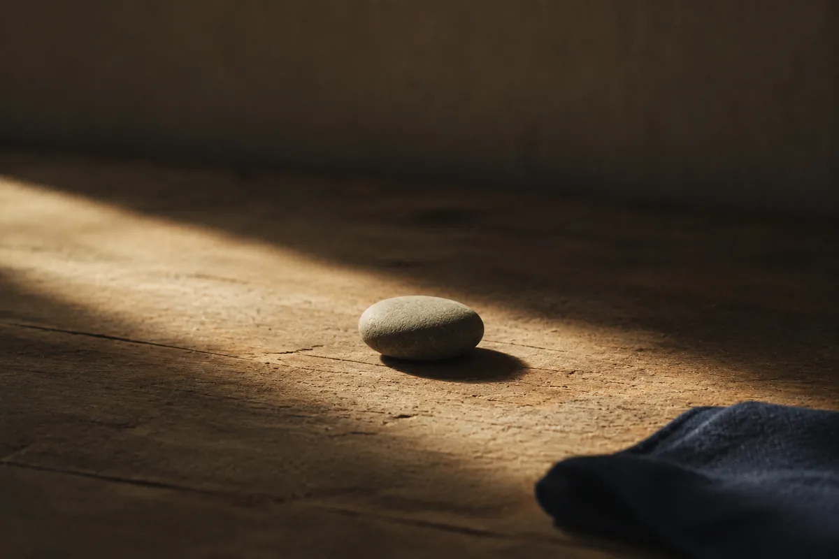 A single pebble on a wooden table in a shaft of window light