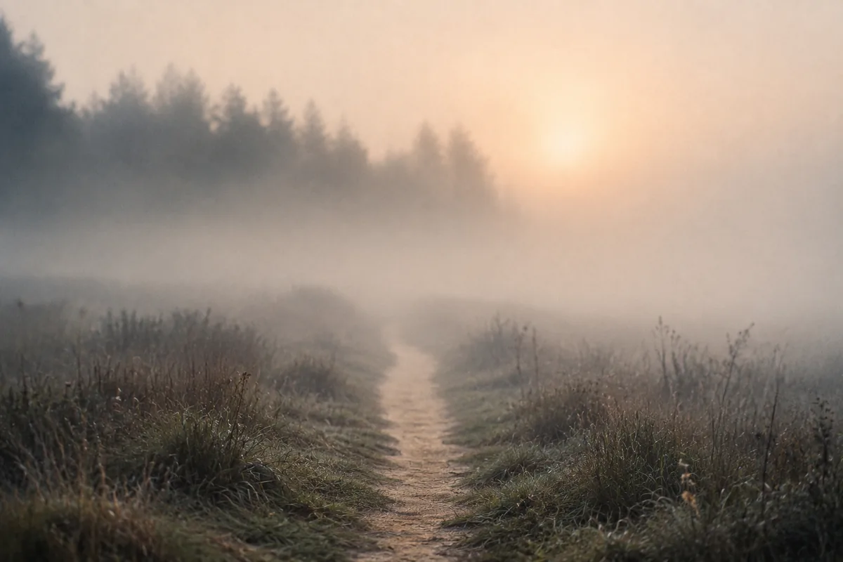 A path through a misty field at sunrise