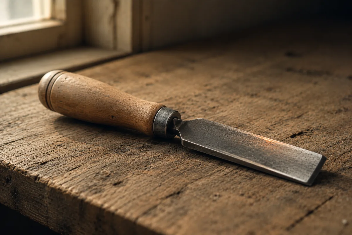 A hand tool — a worn wooden handle joined to a cared-for blade