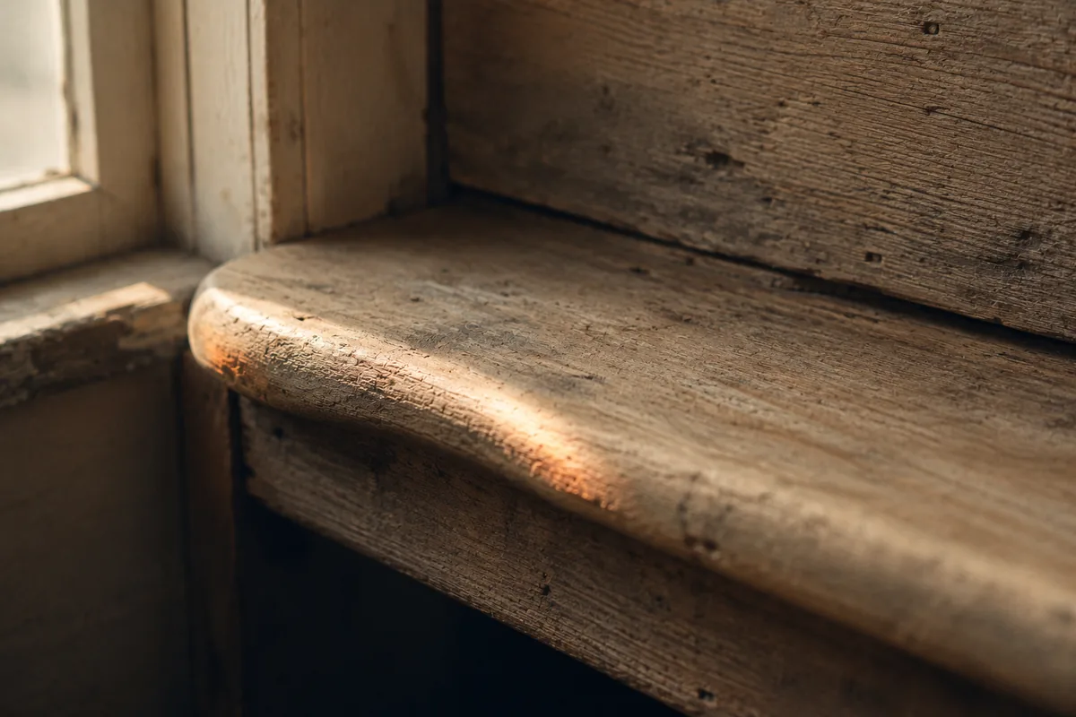 The worn edge of an old wooden step, smoothed by years of use