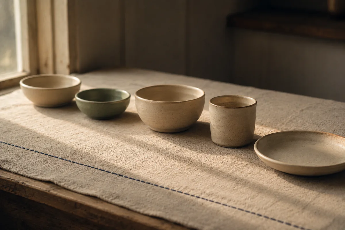 Simple ceramics set out in calm, even spacing on linen