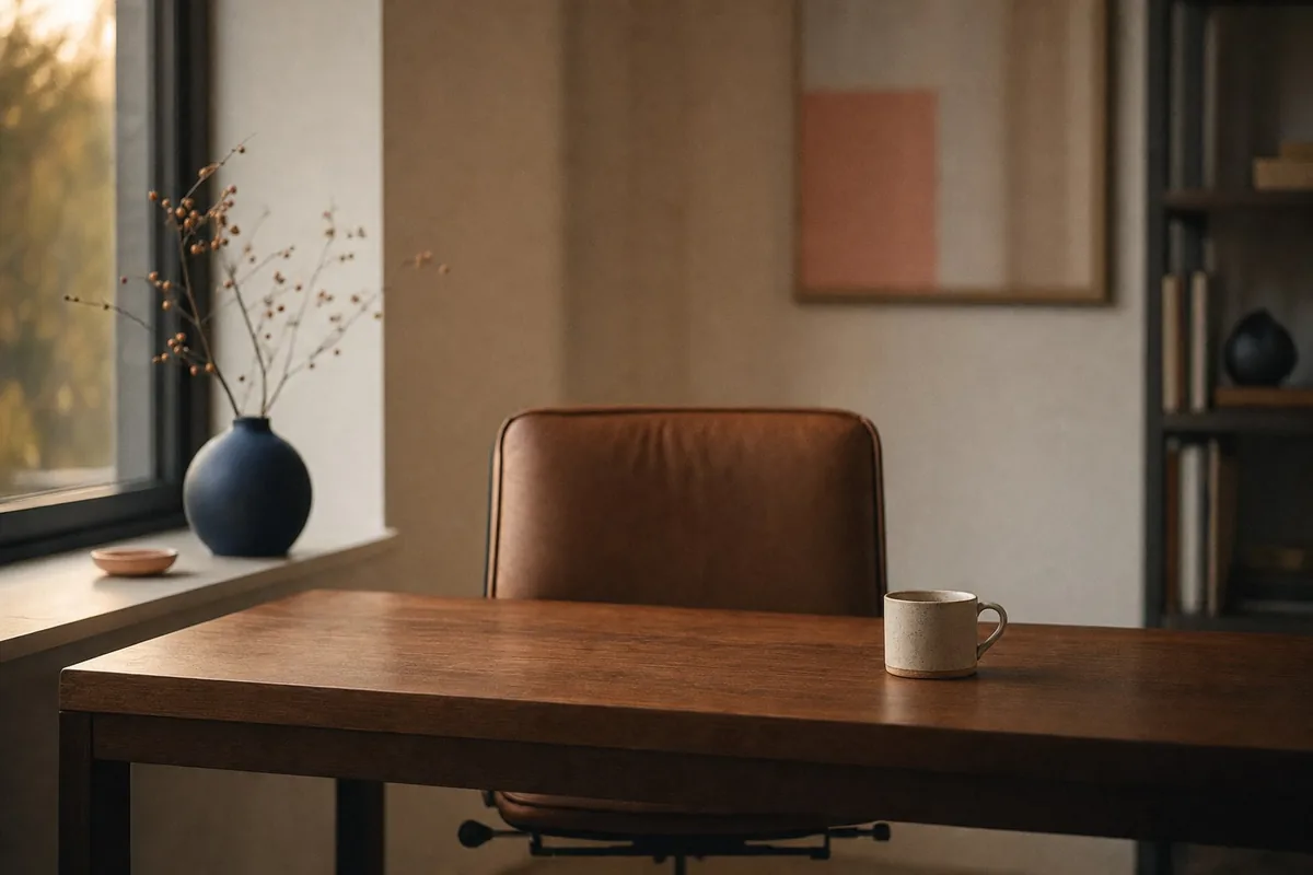 An empty leather chair pushed in at a cleared wooden desk, one cup left, evening light from a tall window