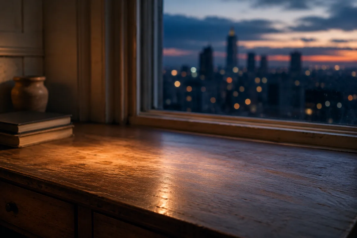 An empty desk by a tall window at dusk, the city beyond falling into soft blue light