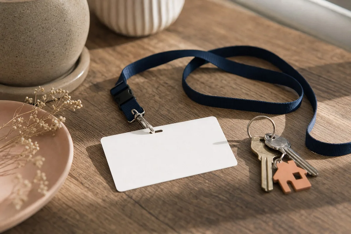 A blank access card on a navy lanyard laid on a wooden table beside a set of house keys