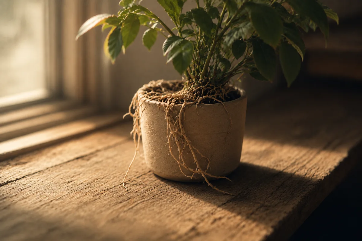A plant whose roots have outgrown its small ceramic pot