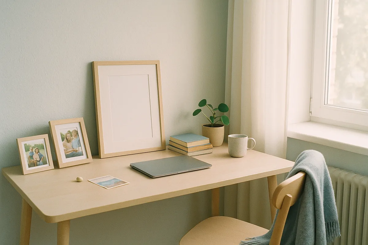 A calm desk being set up in a new home — a framed diploma, family photos, books and a laptop in soft window light