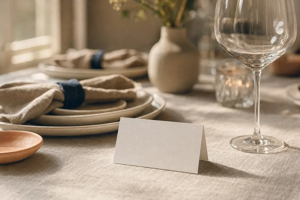 A blank folded place card on a linen tablecloth beside a wine glass at a set dinner table