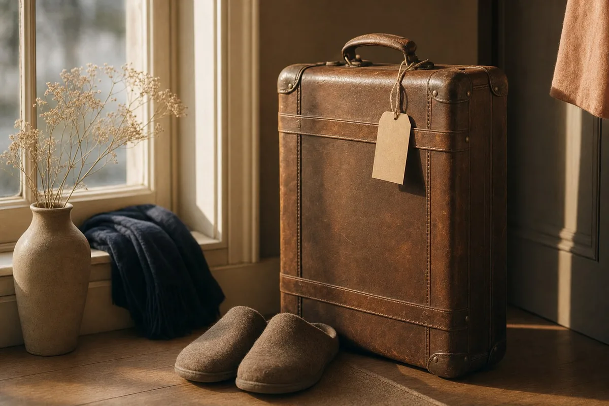 A leather suitcase standing in an entrance hall by a window, a luggage tag still on the handle, slippers beside it