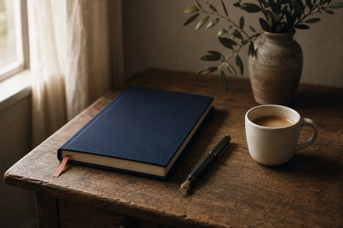 Career Snapshot — a navy notebook, a pen and a cup of coffee on a wooden desk by a window