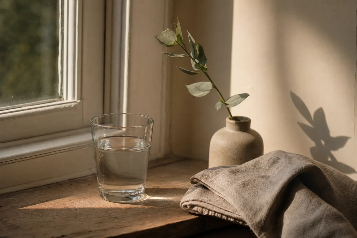 Health Snapshot — a glass of water and a sprig of eucalyptus on a windowsill