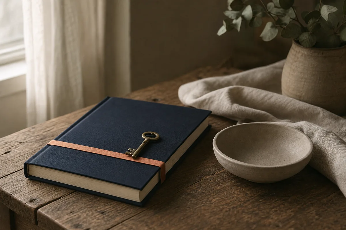 Money Snapshot — a notebook with a small brass key resting on it, beside a stone bowl