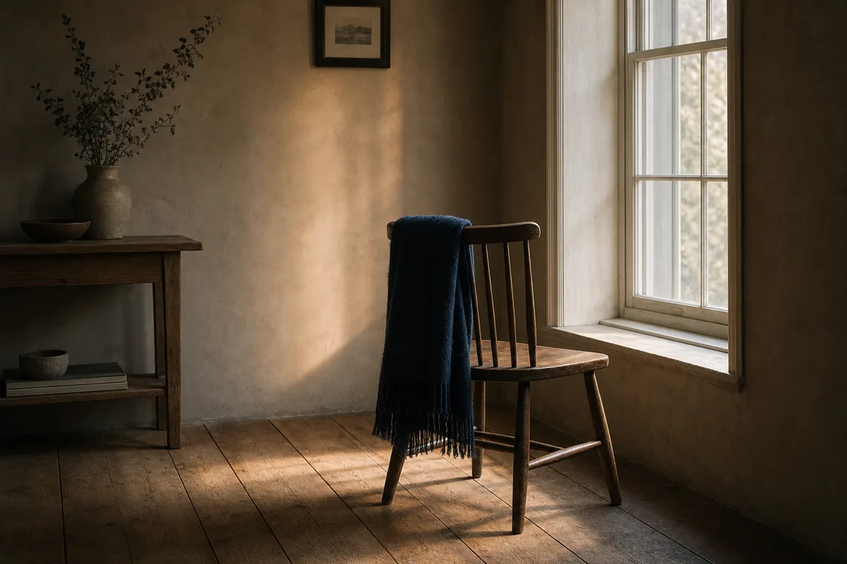 Purpose Snapshot — an empty wooden chair with a navy scarf by a sunlit window