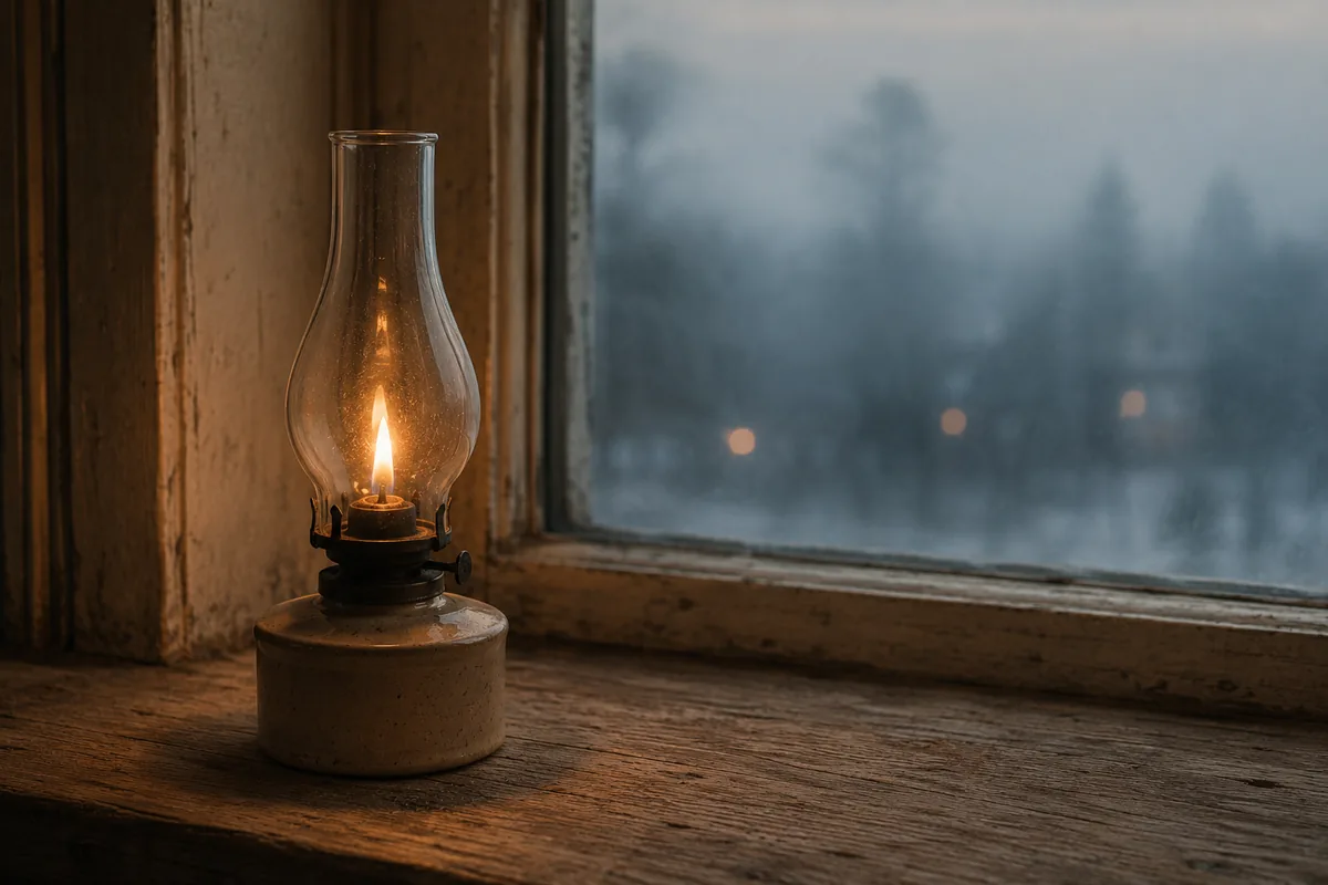 A steady candle flame by a window with soft mist beyond