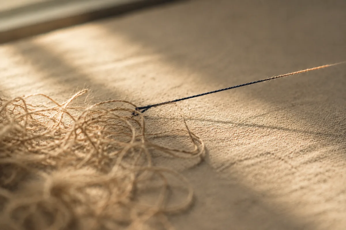 A single thread drawn taut and in focus from a soft tangle