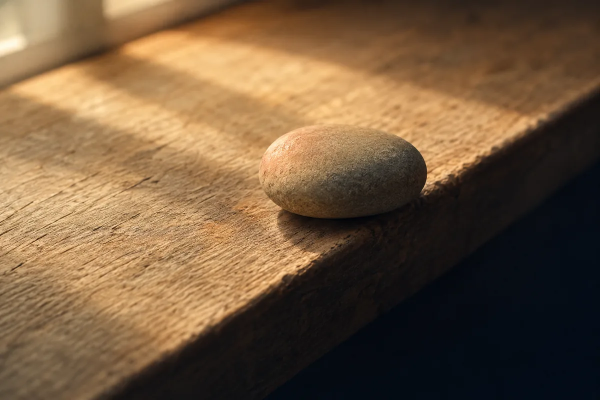 A smooth river stone resting at the edge of a sunlit table